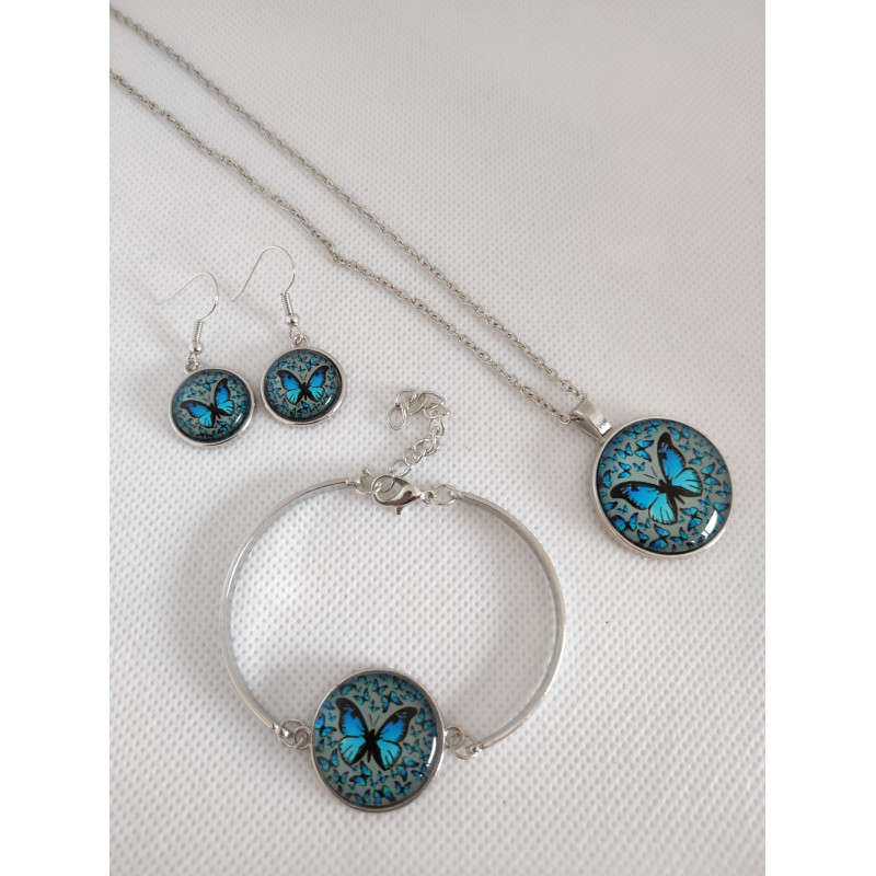 Ensemble Boucles d'oreilles + Bracelet + collier Papillon Bleu